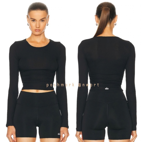 NWT ✨ ALO YOGA Gather Long Sleeve Ribbed Crop Tee Top Shirt Black XS - Picture 8 of 8